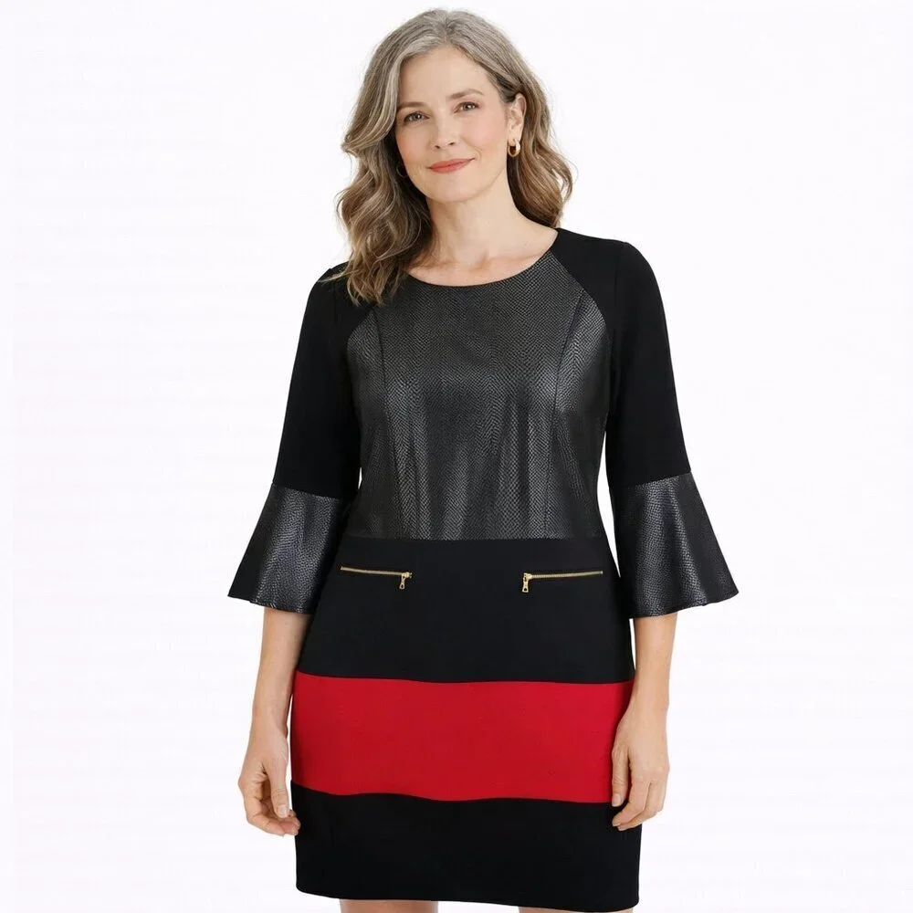 ICE Bell Sleeve Color Block Dress Faux Snakeskin Black Red Size 14